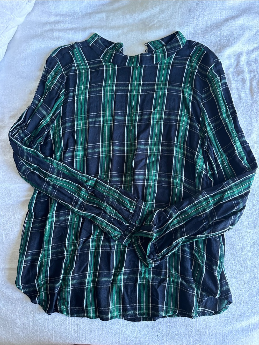 LOFT Green and Navy Plaid Long-Sleeve Blouse